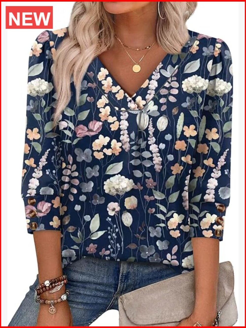 3/4 Sleeve V-Neck Blouse with Buttons Dressy Casual Tunic